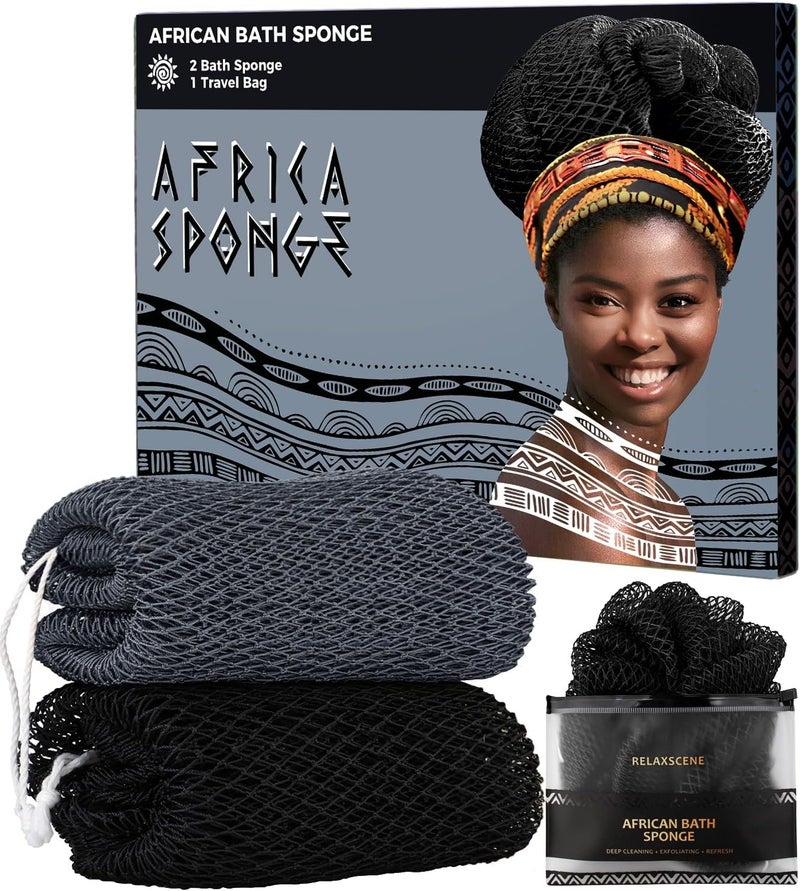 RelaxScene African Exfoliating Net Sponge for Men - Bath Sponge Back Scrub for Shower - Authentic African Net with Knots - Body Wash Scrubber Cloth with Handle - Skin Exfoliator Bathing Loofah for Men - Image 1
